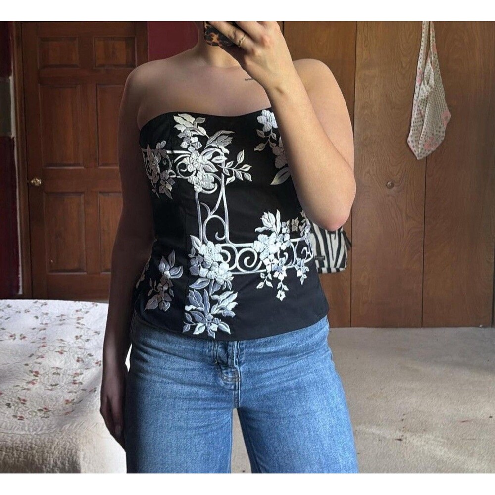 White House Black Market Bustier Corset Top Black  Embroidery Whimsigoth Party 4